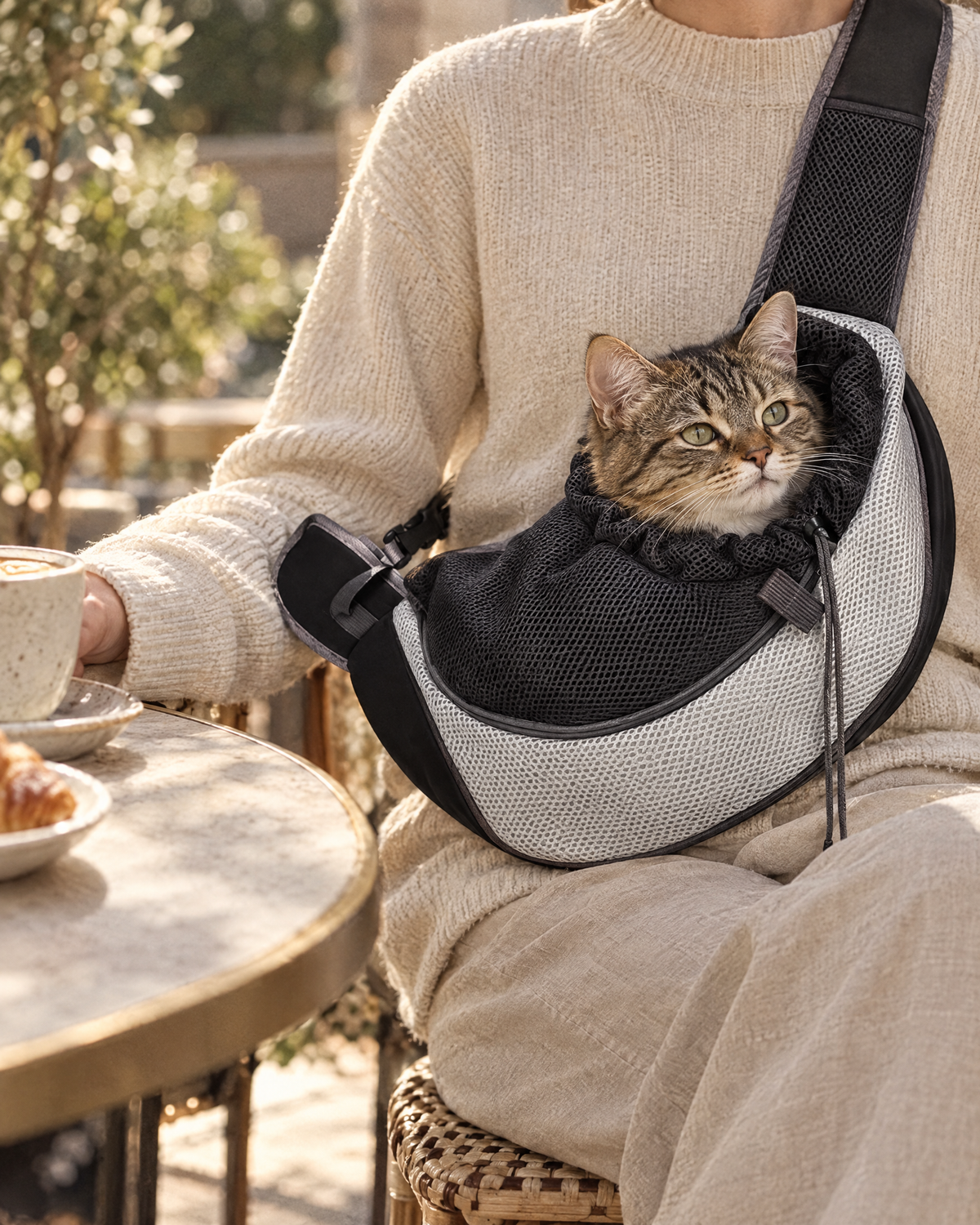 Cat resting in the Naldova Sling at a cafe