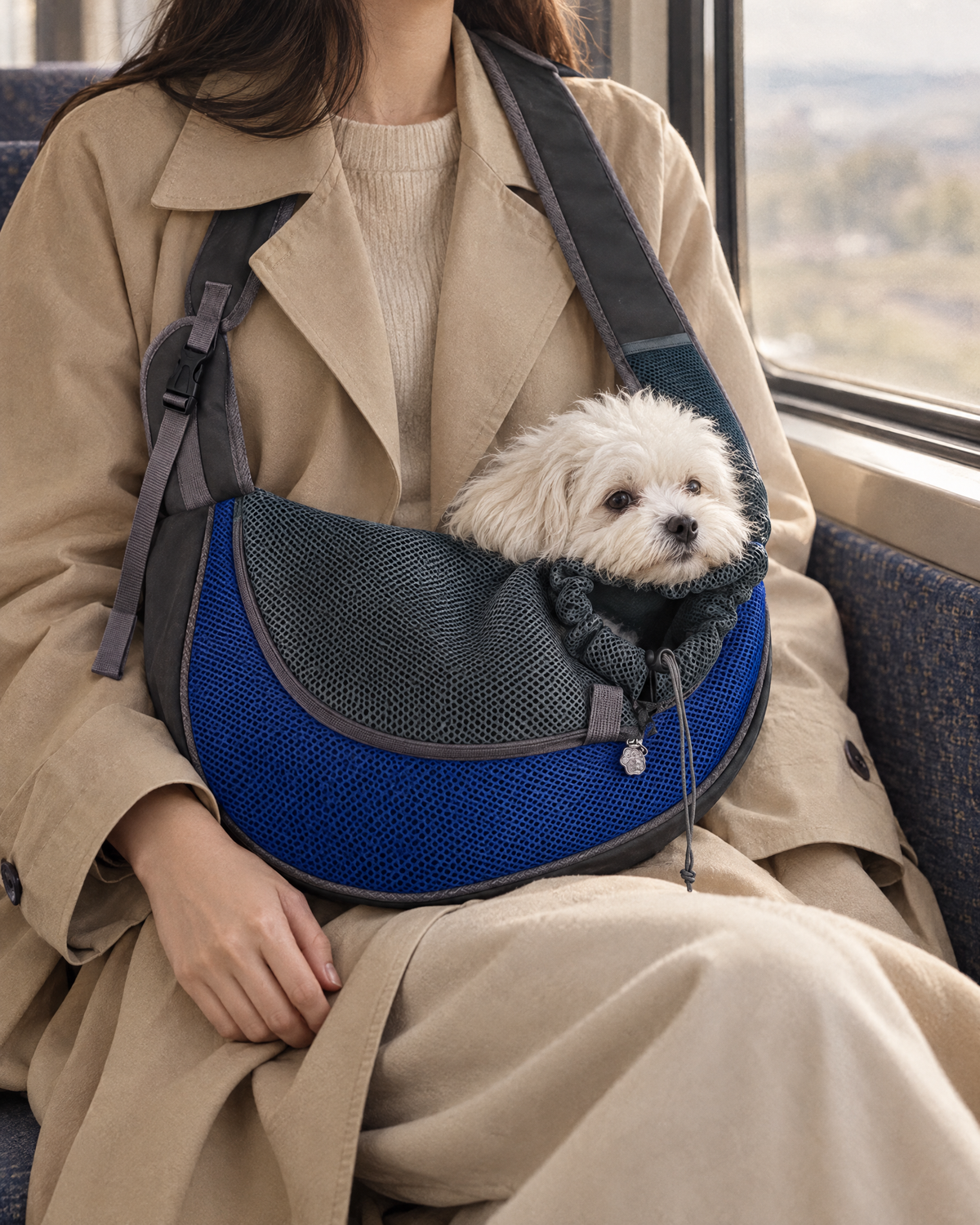 Small dog in the Cobalt Naldova Sling on a train